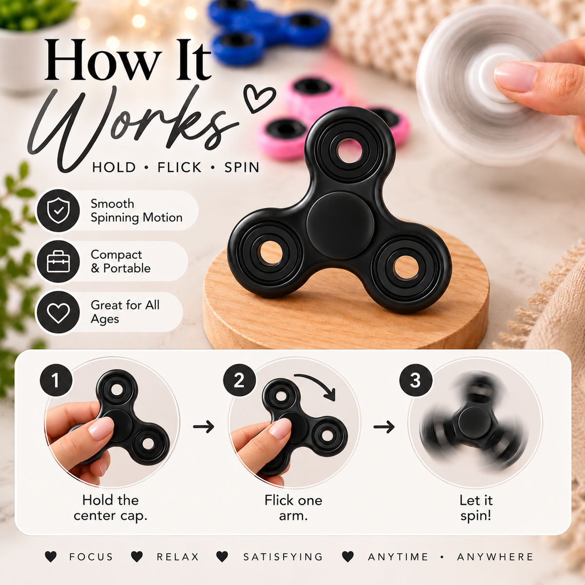 Black Fidget Spinner | Sensory Hand Toy & Satisfying Desk Fidget