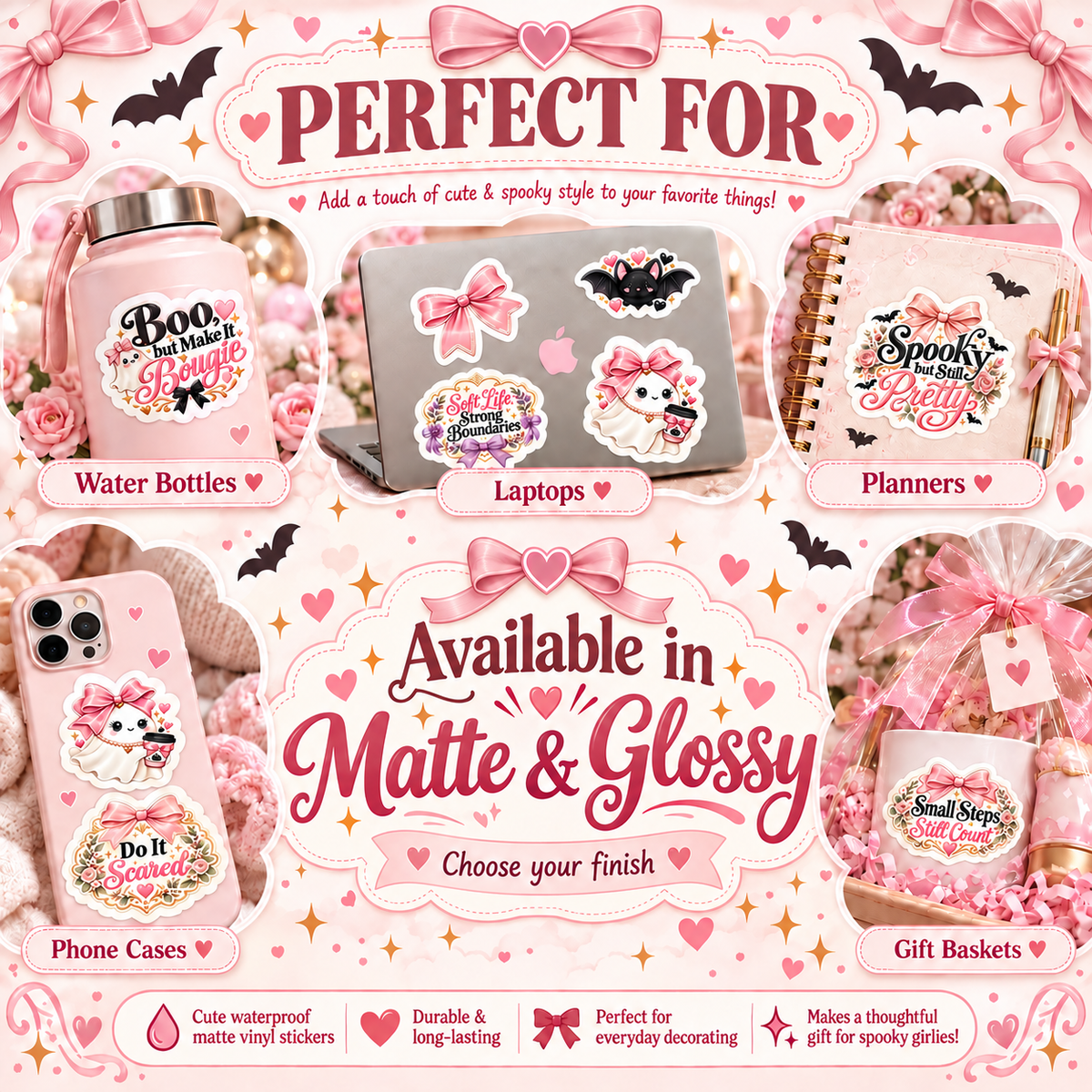 Pink Spooky Halloween Sticker Bundle – 10 Waterproof Die-Cut Stickers | Matte or Glossy