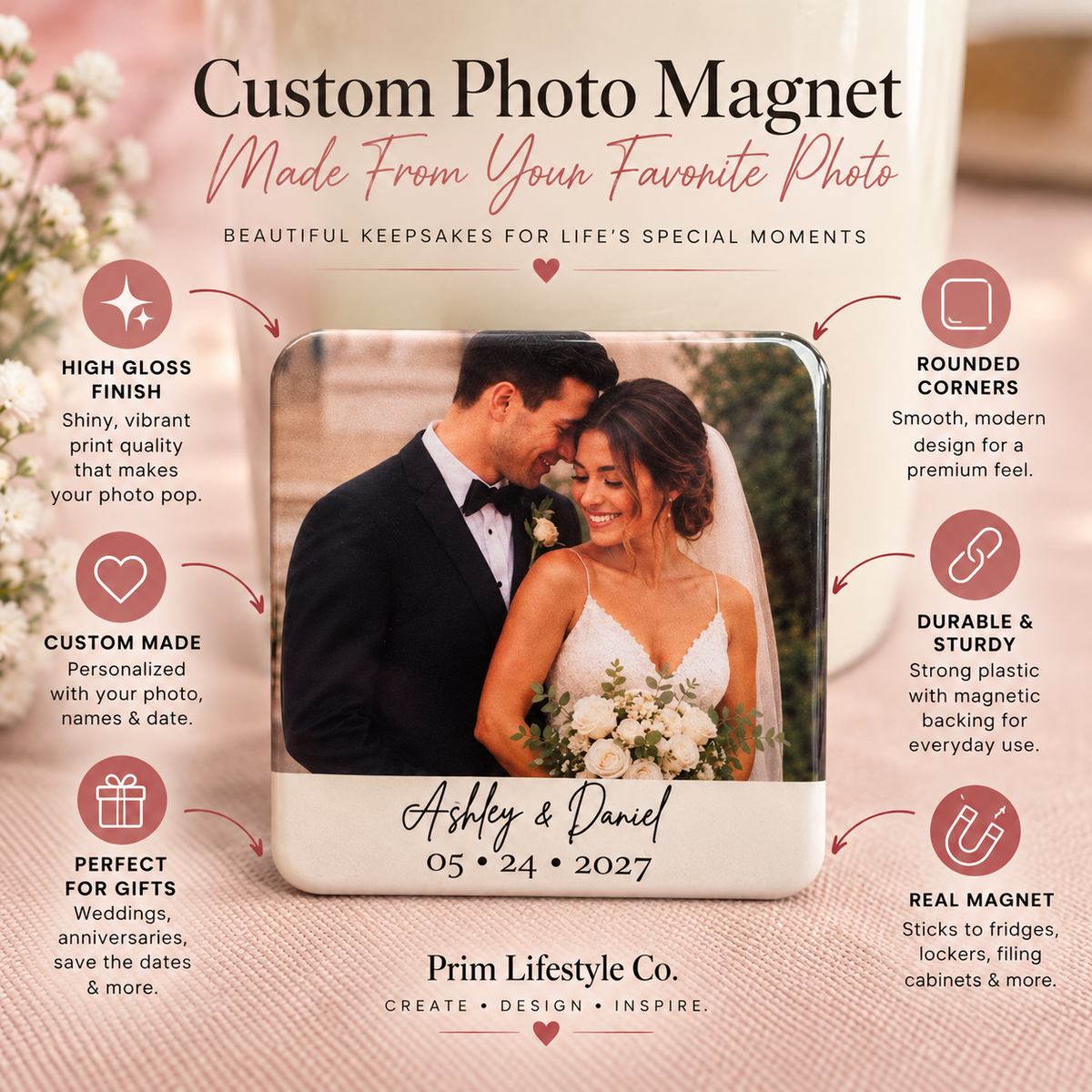 Personalized Wedding Photo Magnet- 2x2 PLASTIC | Custom Couple Keepsake
