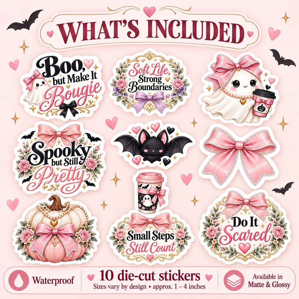 Pink Spooky Halloween Sticker Bundle – 10 Waterproof Die-Cut Stickers | Matte or Glossy
