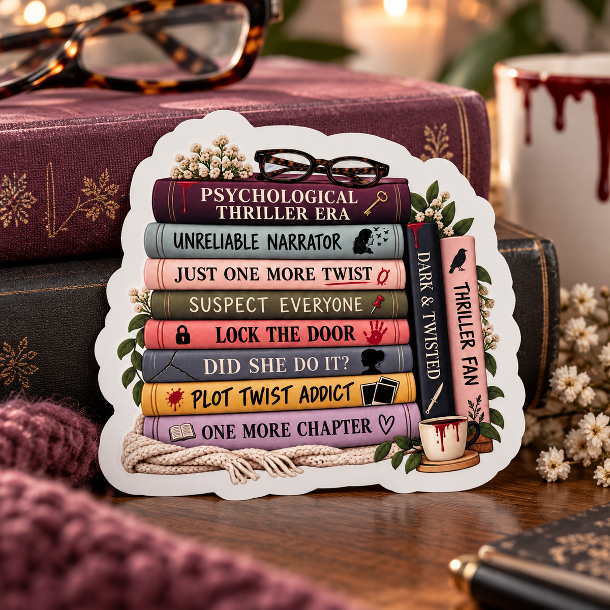 Psychological Thriller Sticker, Book Stack Sticker | Mystery Reader Sticker | Kindle Sticker, Book Lover Gift | Waterproof Vinyl Decal