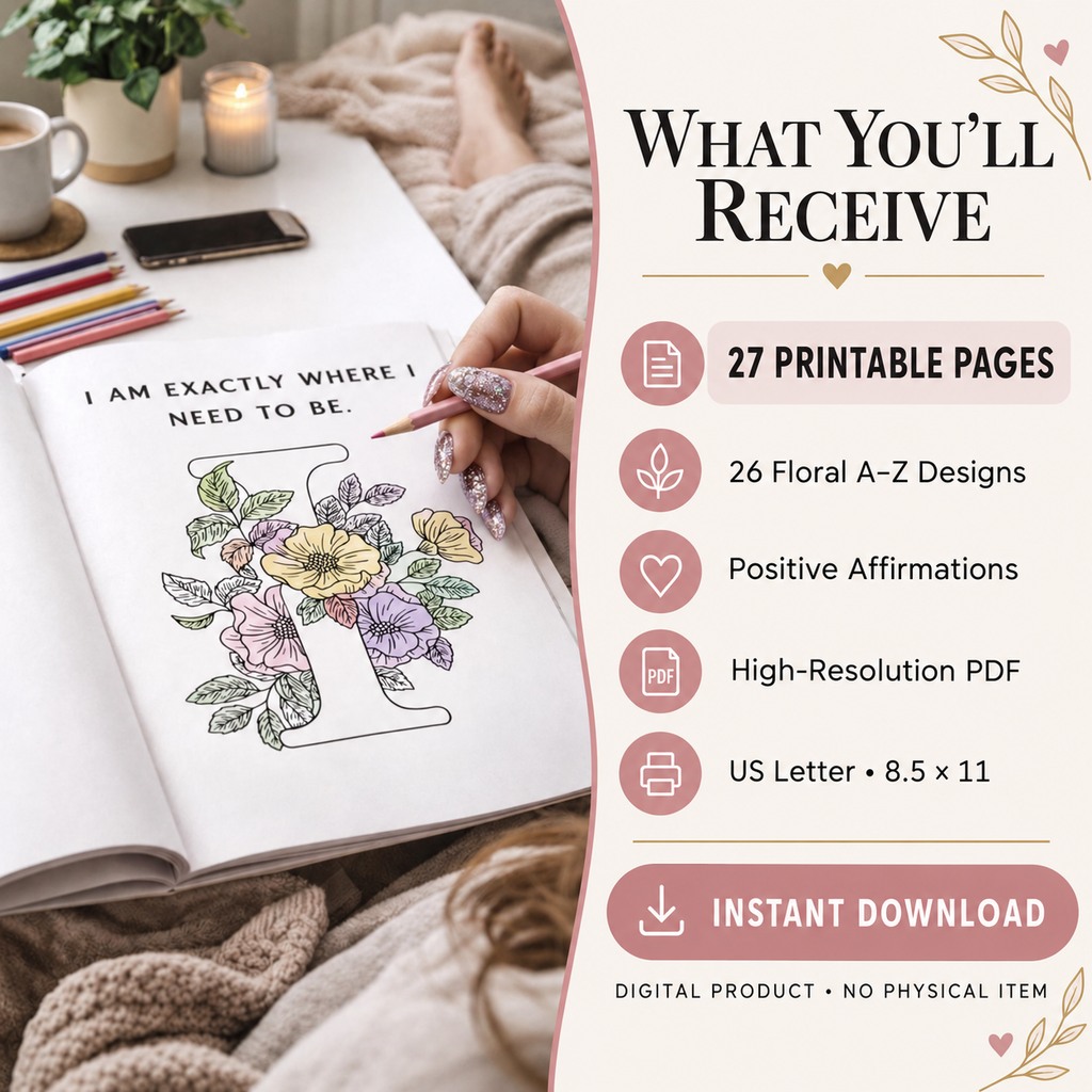 Floral Alphabet Coloring Book Printable – 27 A–Z Affirmation Pages