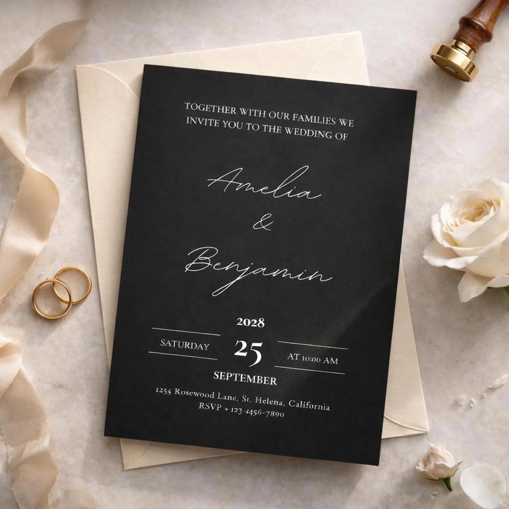 Black Wedding Invitation Template | Editable 5x7 Canva Invite in Black & Gray