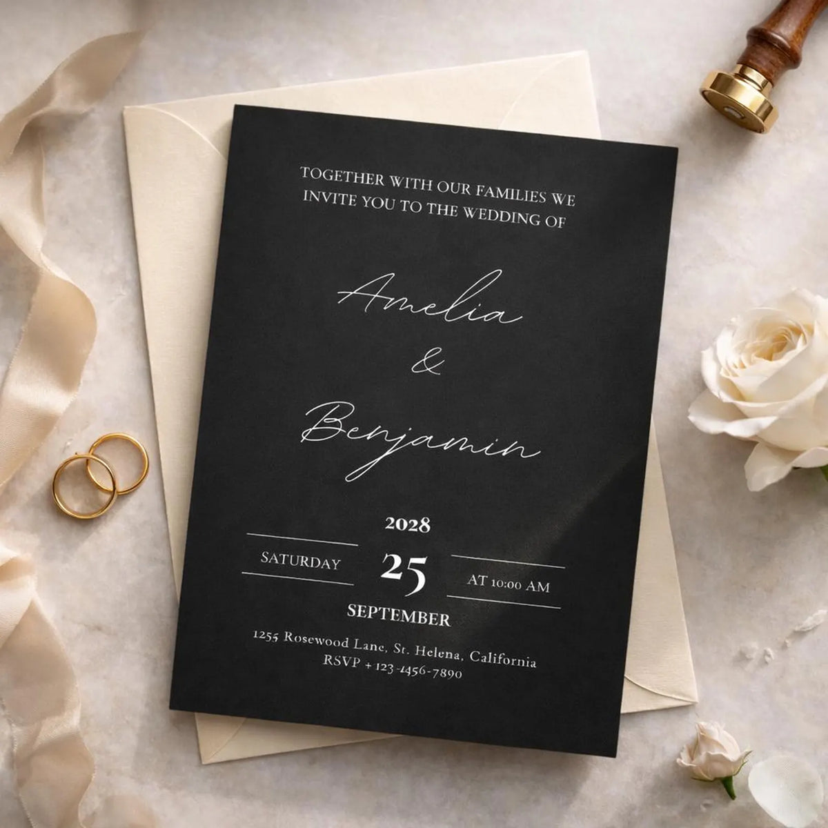 Black Wedding Invitation Template | Editable 5x7 Canva Invite in Black & Gray