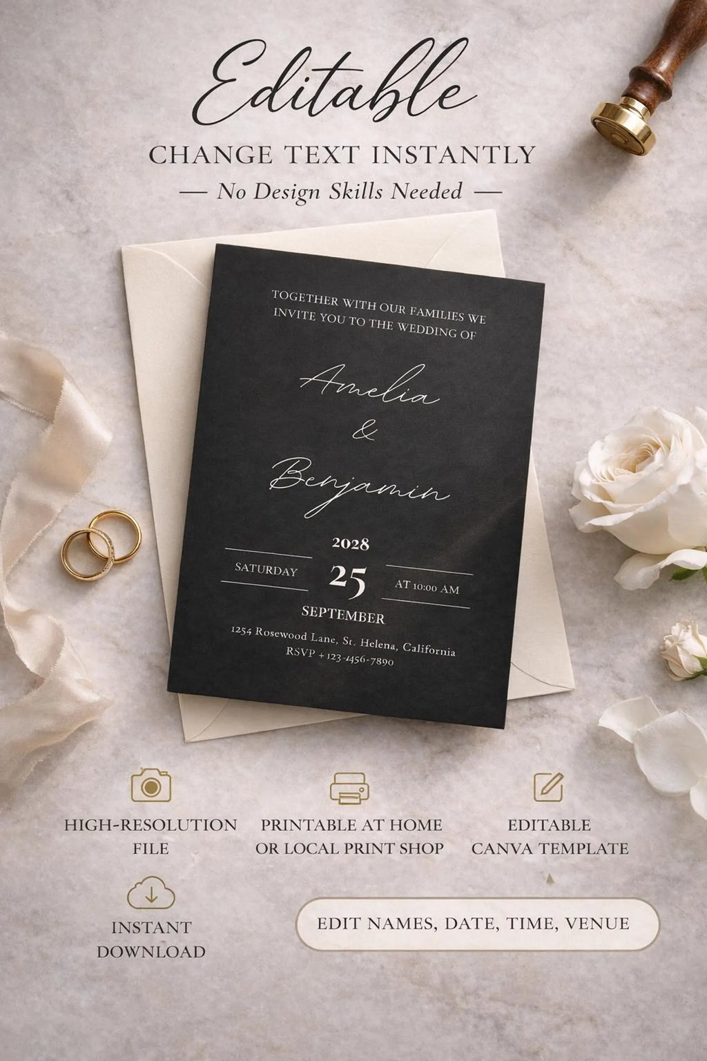 Black Wedding Invitation Template | Editable 5x7 Canva Invite in Black & Gray