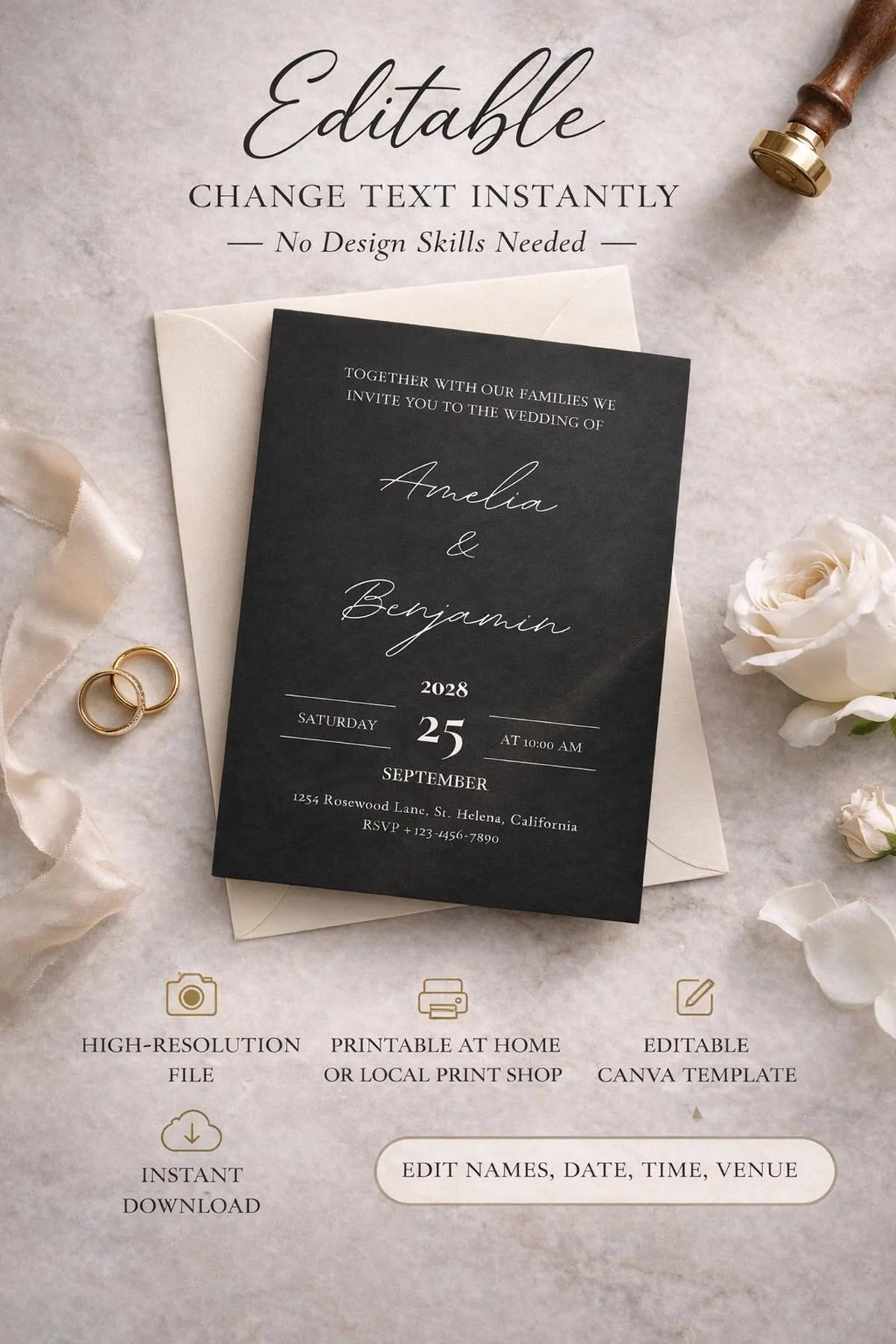 Black Wedding Invitation Template | Editable 5x7 Canva Invite in Black & Gray