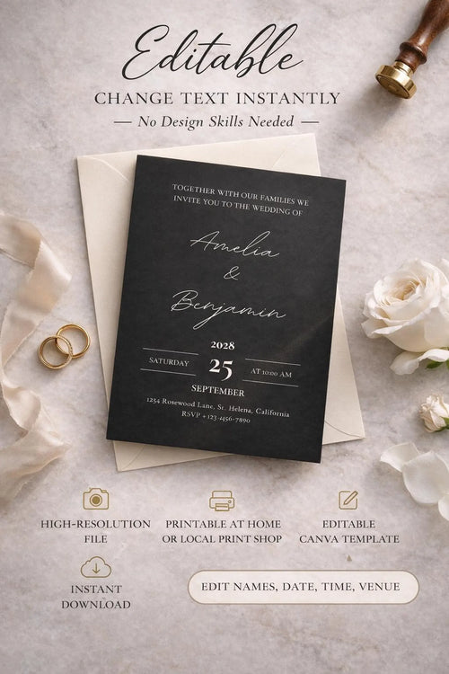 Black Wedding Invitation Template | Editable 5x7 Canva Invite in Black & Gray