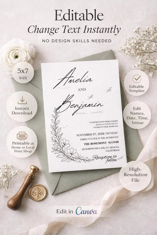 Black and White Wedding Invitation Template | Editable Canva 5x7 Invite