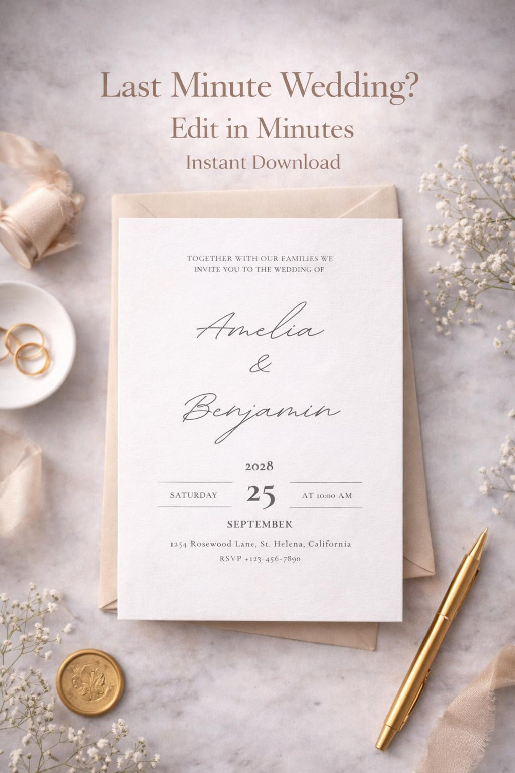 Black and White Minimalist Wedding Invitation Template – Editable 5x7 Canva Digital Download