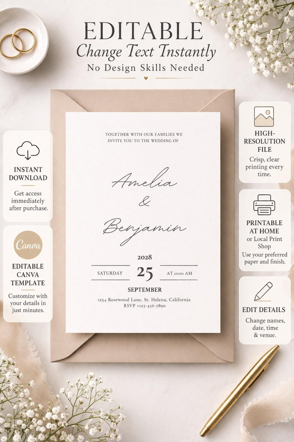 Black and White Minimalist Wedding Invitation Template – Editable 5x7 Canva Digital Download