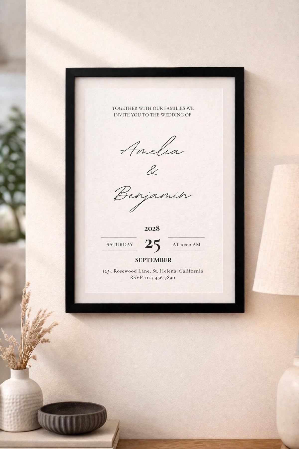 Black and White Minimalist Wedding Invitation Template – Editable 5x7 Canva Digital Download