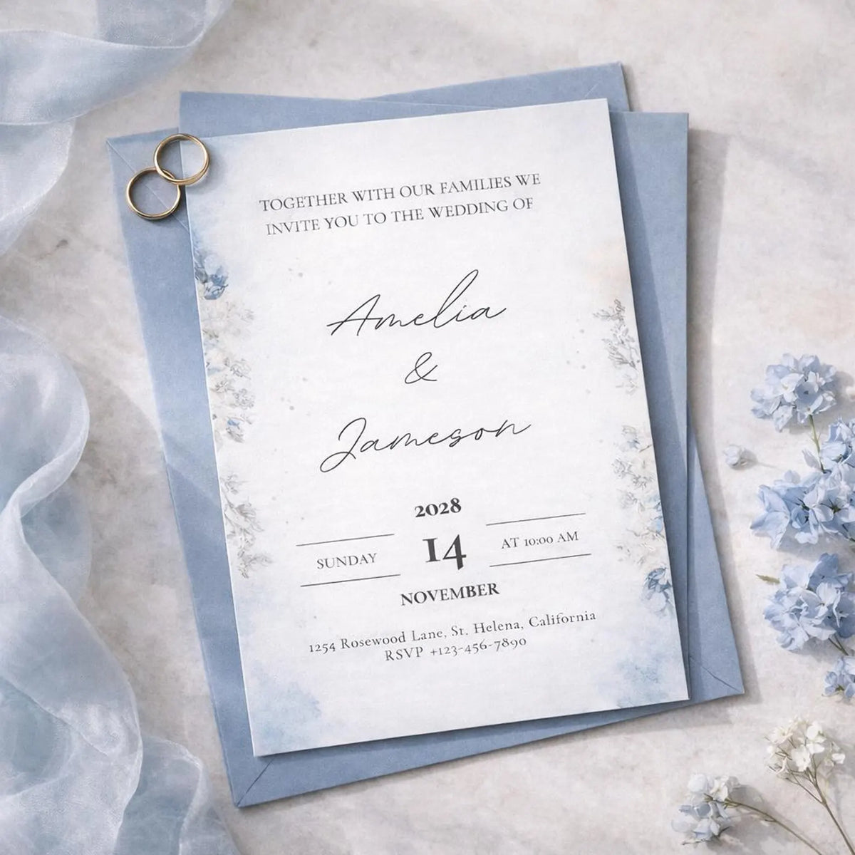 Editable Dusty Blue Wedding Invitation Template – Romantic 5x7 Canva Digital Download