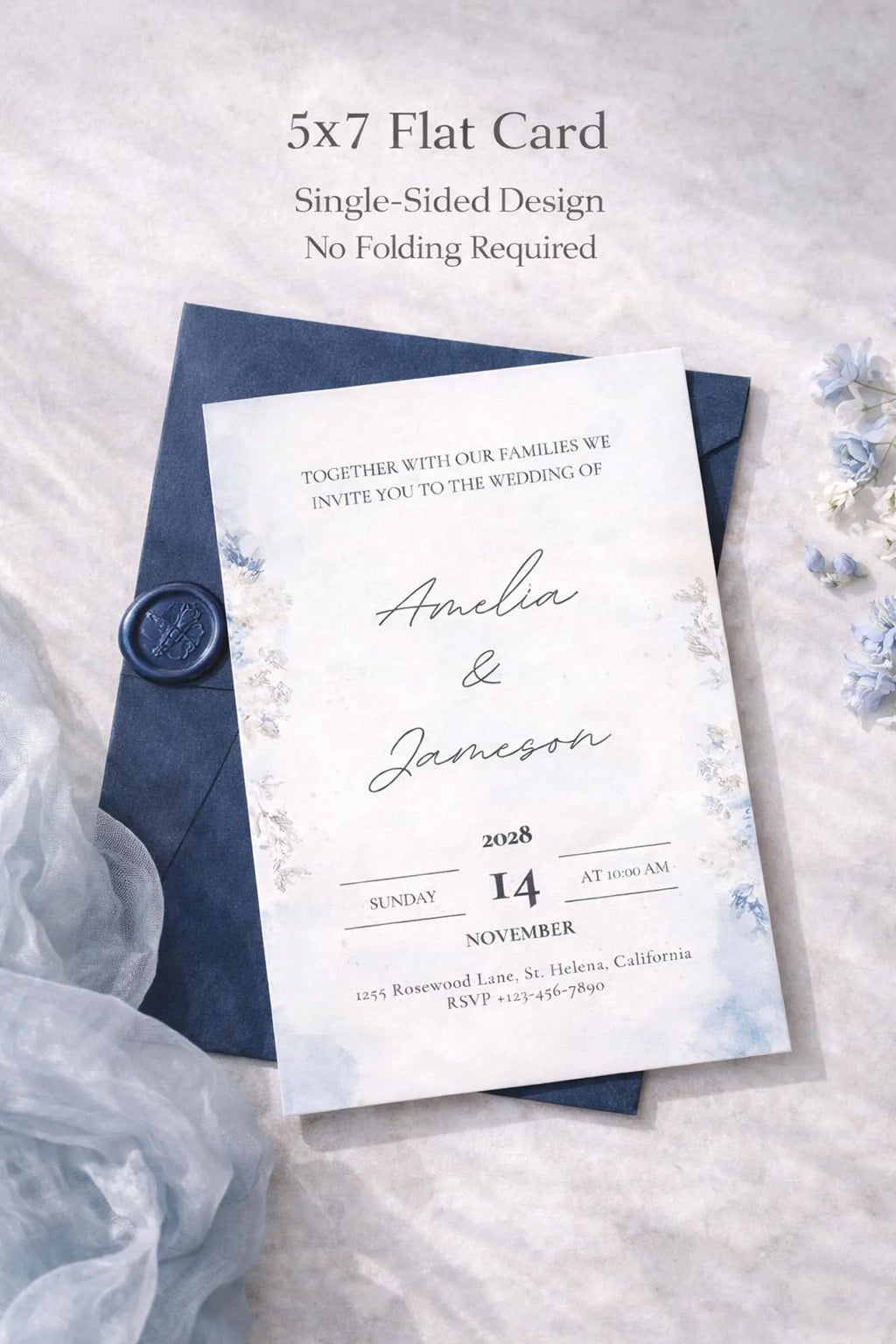 Editable Dusty Blue Wedding Invitation Template – Romantic 5x7 Canva Digital Download