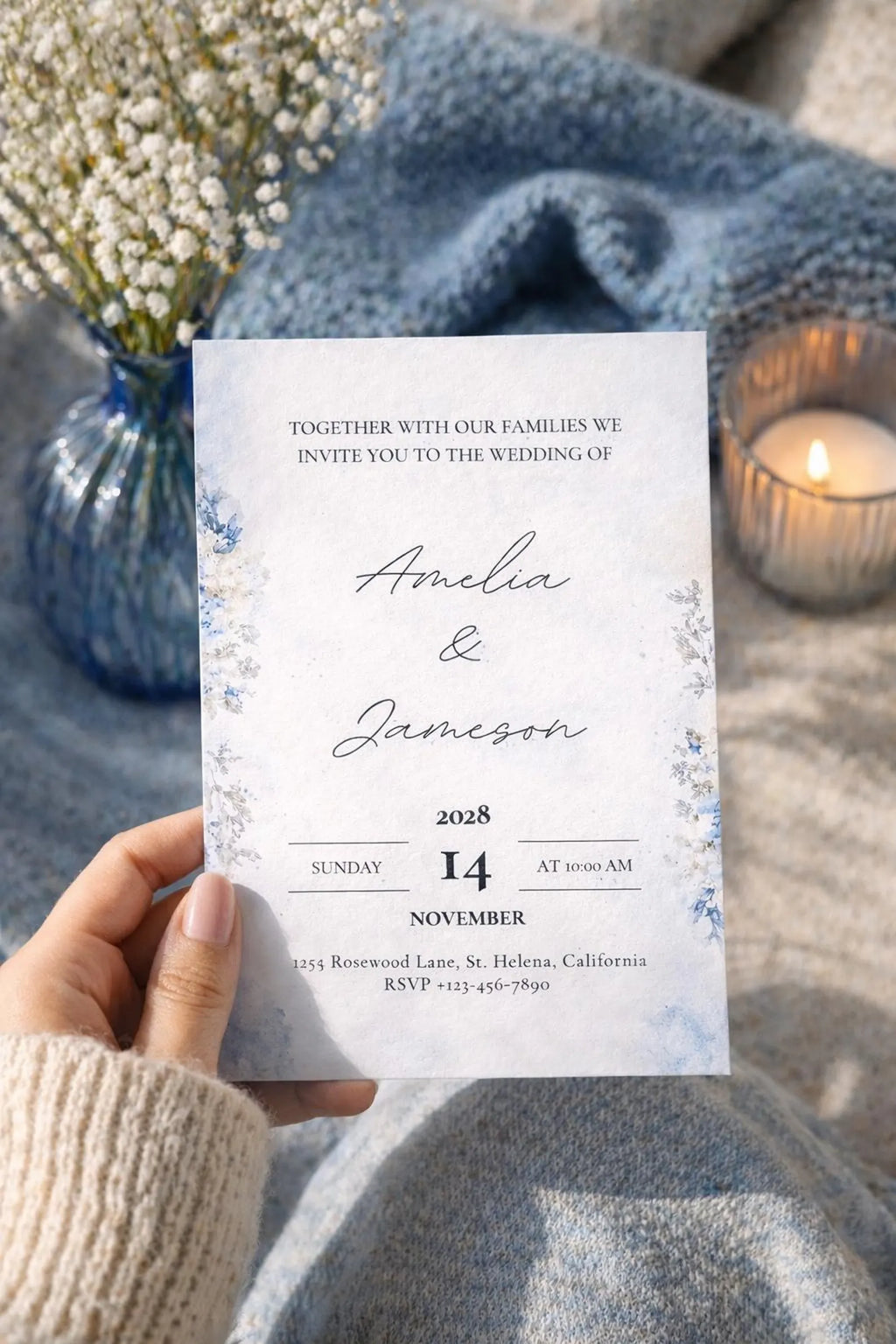 Editable Dusty Blue Wedding Invitation Template – Romantic 5x7 Canva Digital Download