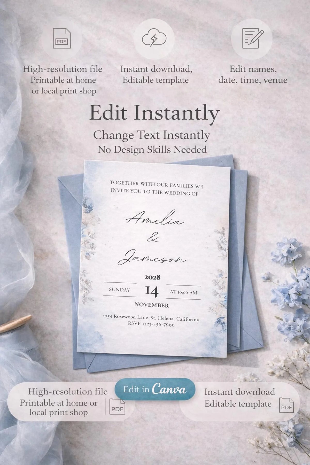 Editable Dusty Blue Wedding Invitation Template – Romantic 5x7 Canva Digital Download