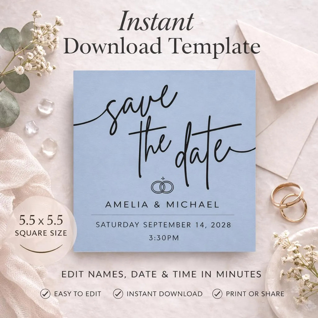 Blue Square Save the Date Template – Editable 5x5 Canva Digital Download