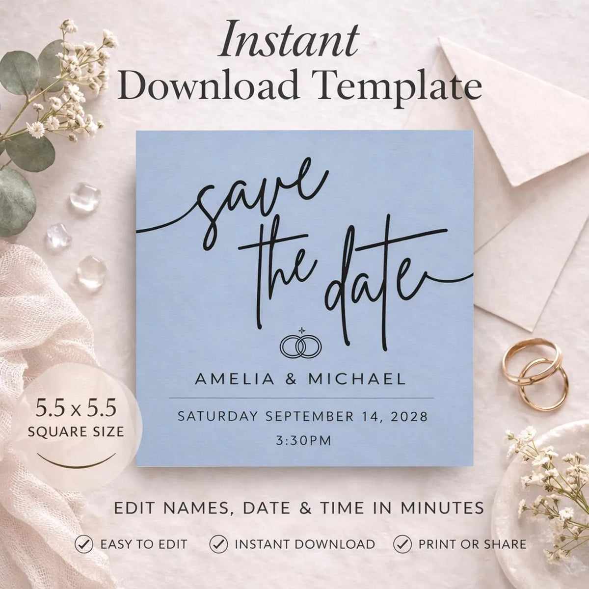 Blue Square Save the Date Template – Editable 5x5 Canva Digital Download