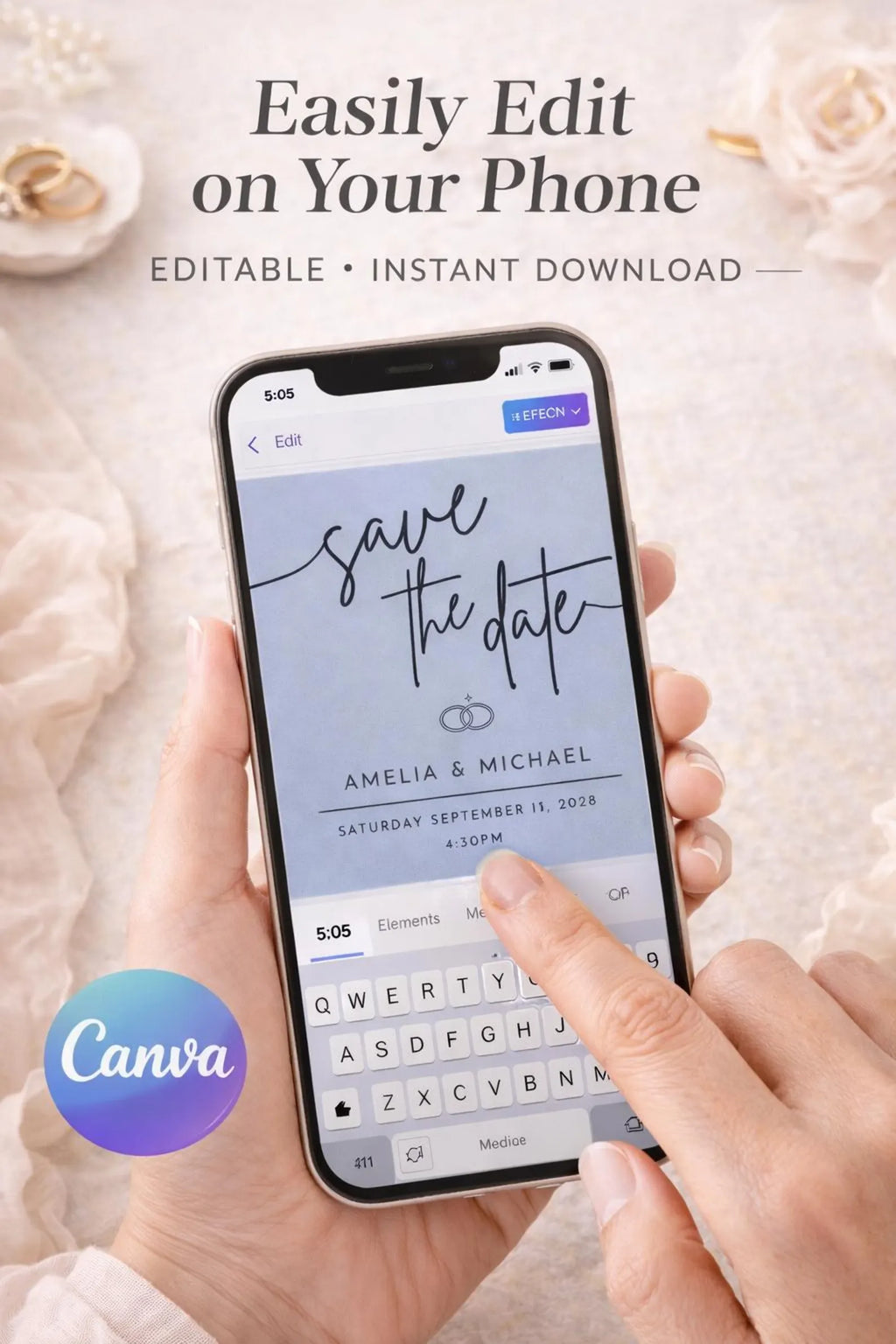 Blue Square Save the Date Template – Editable 5x5 Canva Digital Download