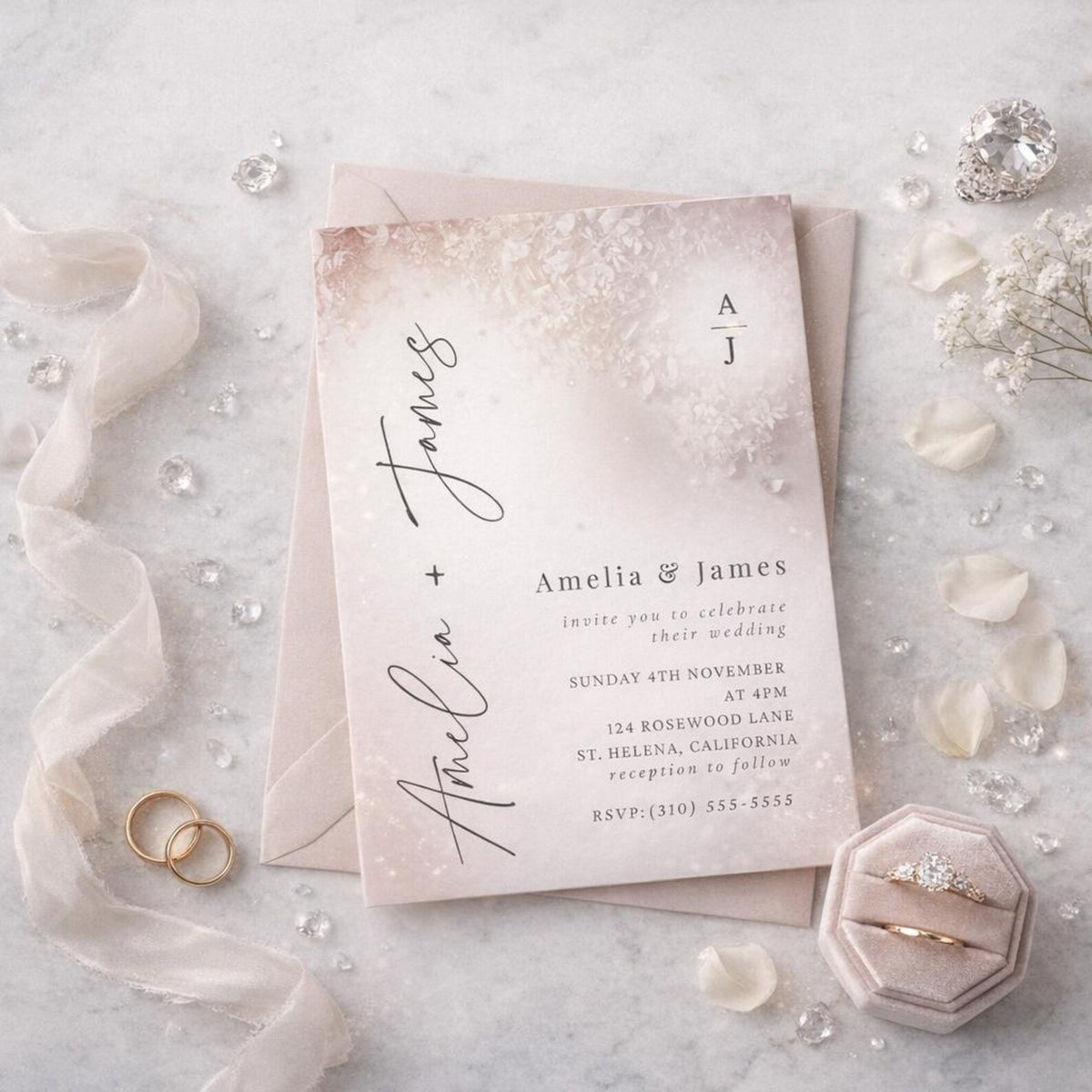 Blush Floral Wedding Invitation Template – Editable 5x7 Canva Digital Download