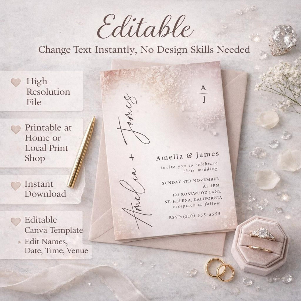 Blush Floral Wedding Invitation Template – Editable 5x7 Canva Digital Download