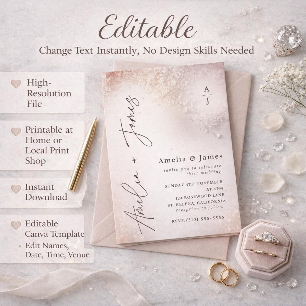 Blush Floral Wedding Invitation Template – Editable 5x7 Canva Digital Download