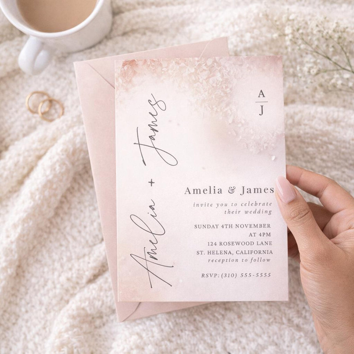 Blush Floral Wedding Invitation Template – Editable 5x7 Canva Digital Download
