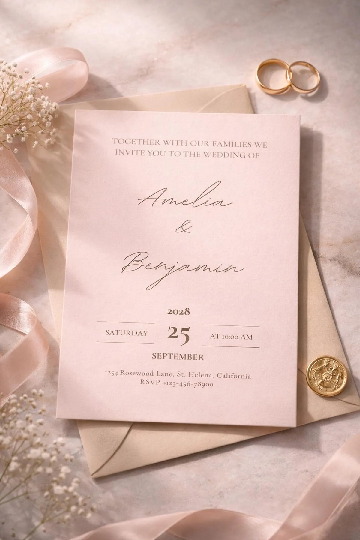 Editable Blush Wedding Invitation Template – Minimalist 5x7 Canva Digital Download