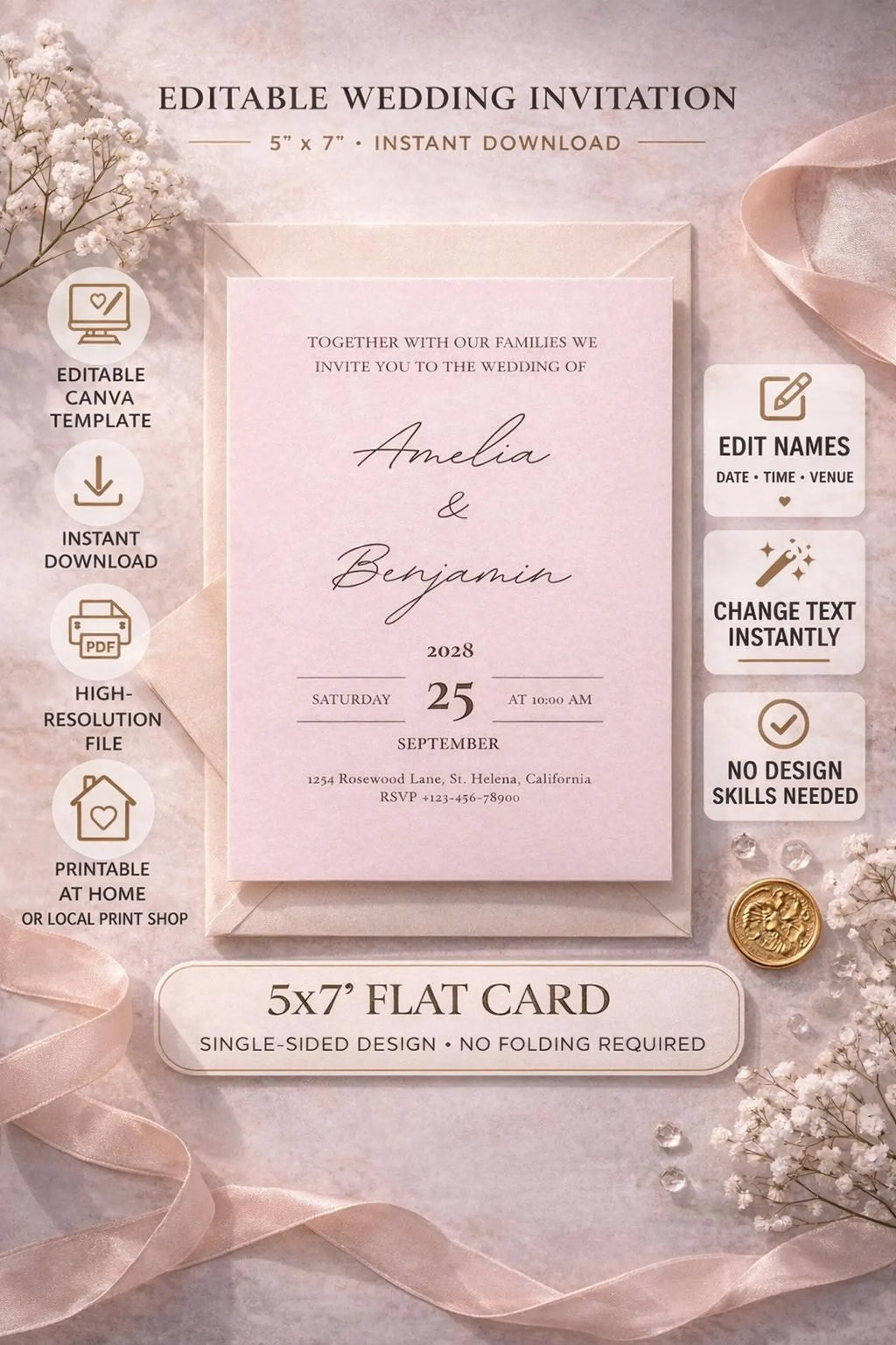 Editable Blush Wedding Invitation Template – Minimalist 5x7 Canva Digital Download