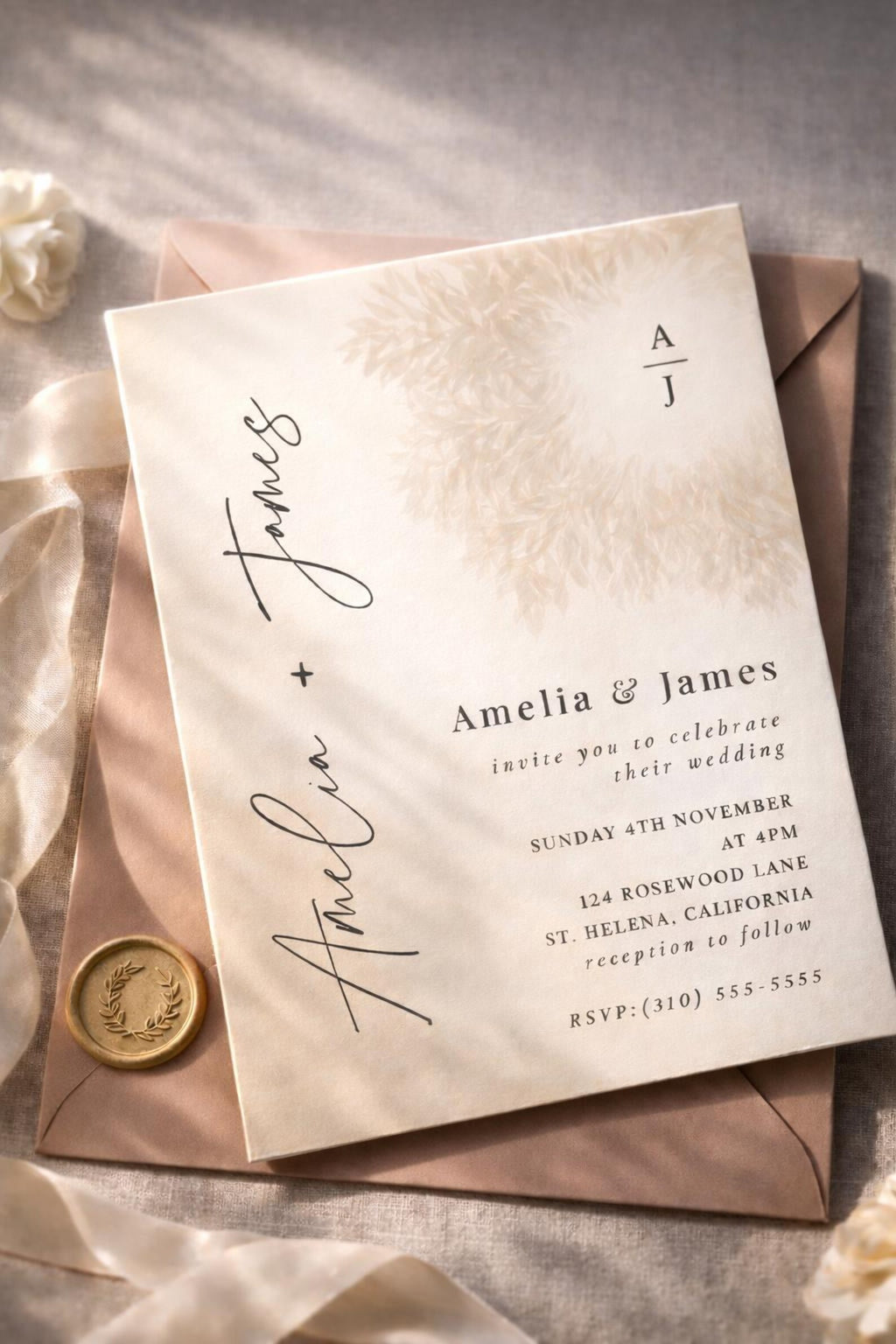 Champagne Beige Wedding Invitation Template | Editable Canva 5x7 Invite