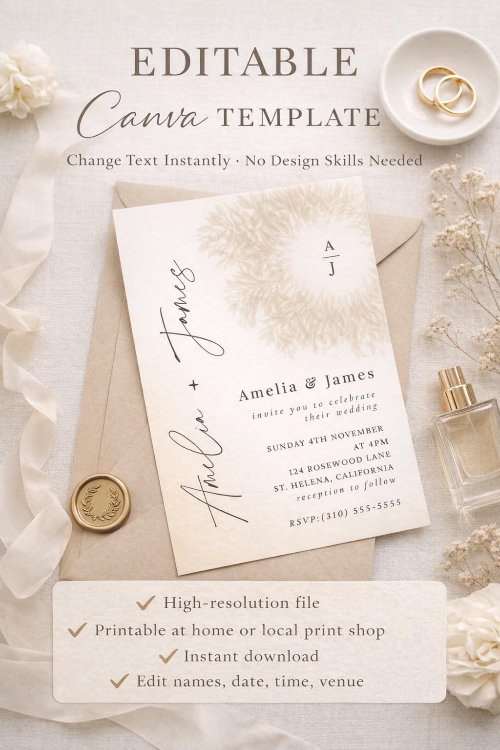 Champagne Beige Wedding Invitation Template | Editable Canva 5x7 Invite