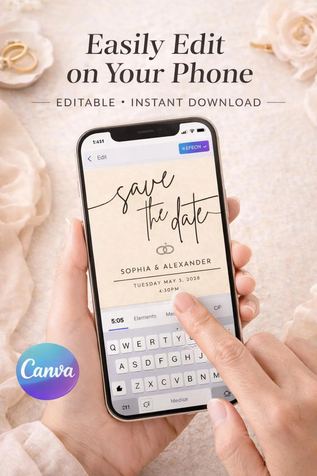 Champagne Save the Date Template – Editable 5.5x5.5 Square Canva Download
