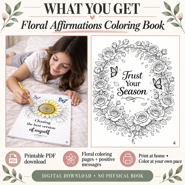 Floral Affirmation Coloring Book for Adults | Printable Self-Care PDF