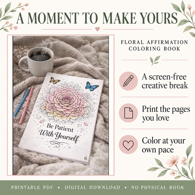 Floral Affirmation Coloring Book for Adults | Printable Self-Care PDF