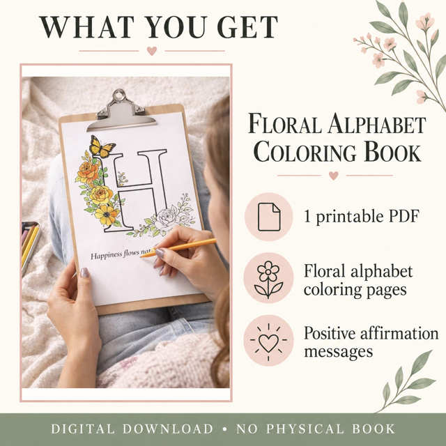 Floral Alphabet Coloring Book Printable | A–Z Affirmation Pages PDF