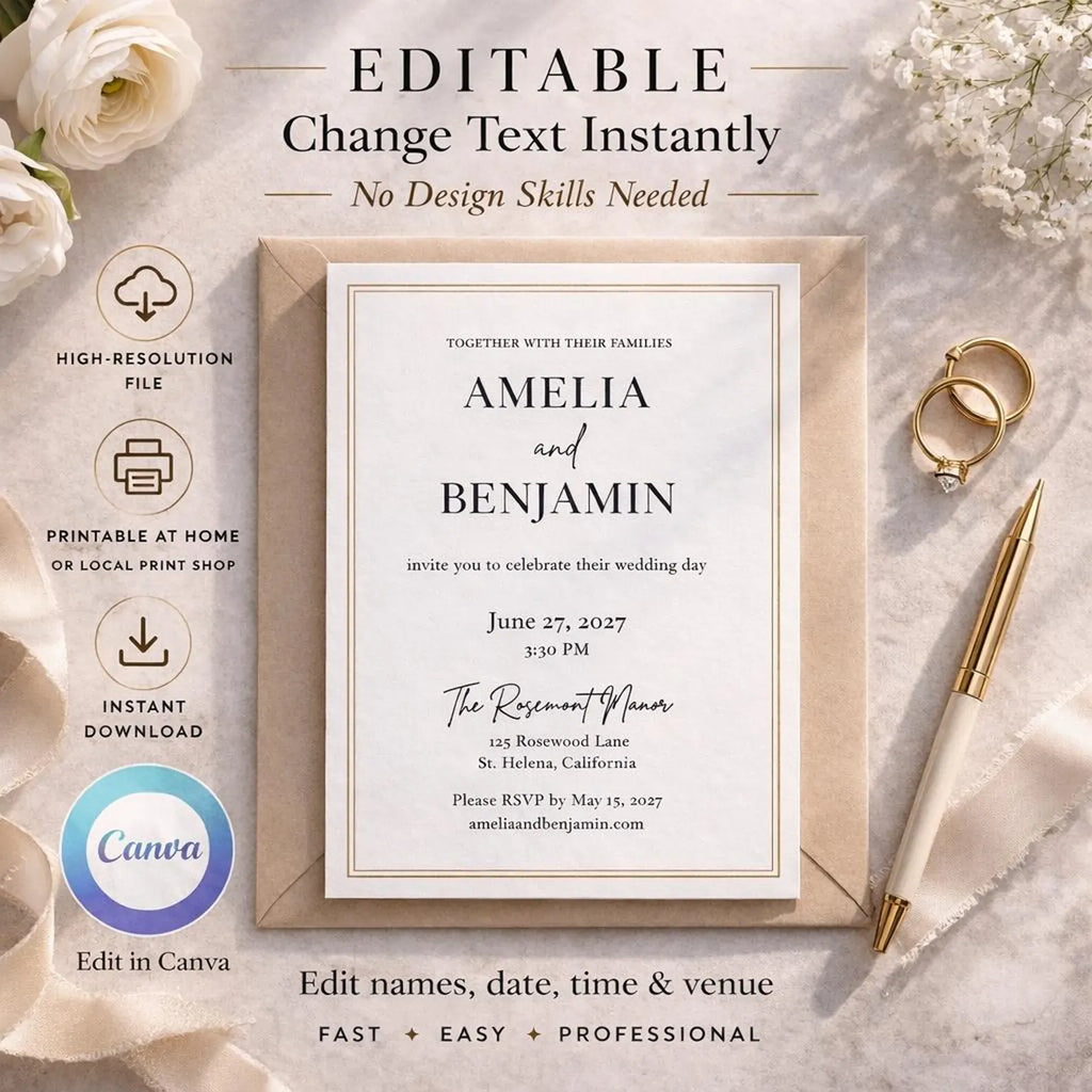 Gold Border Wedding Invitation Template | Editable Canva