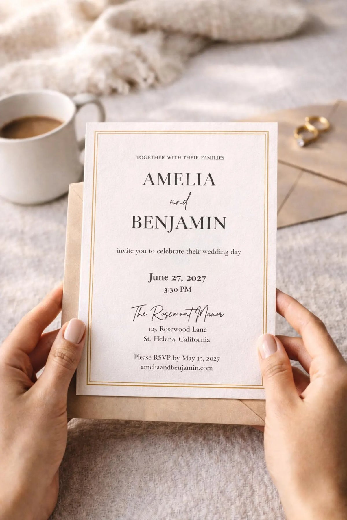 Gold Border Wedding Invitation Template | Editable Canva