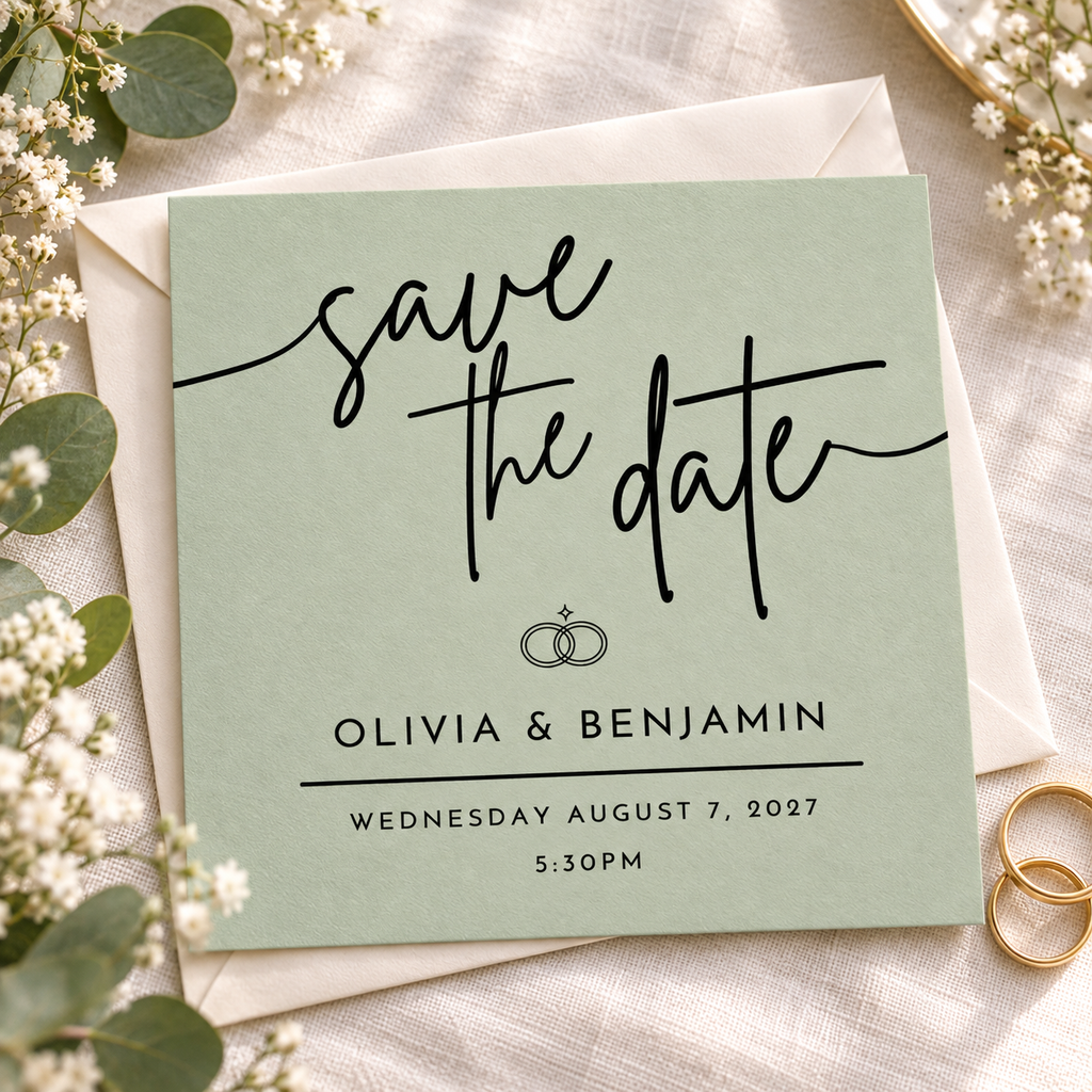 Sage Green Save the Date Template – Editable 5.5x5.5 Square Canva Download