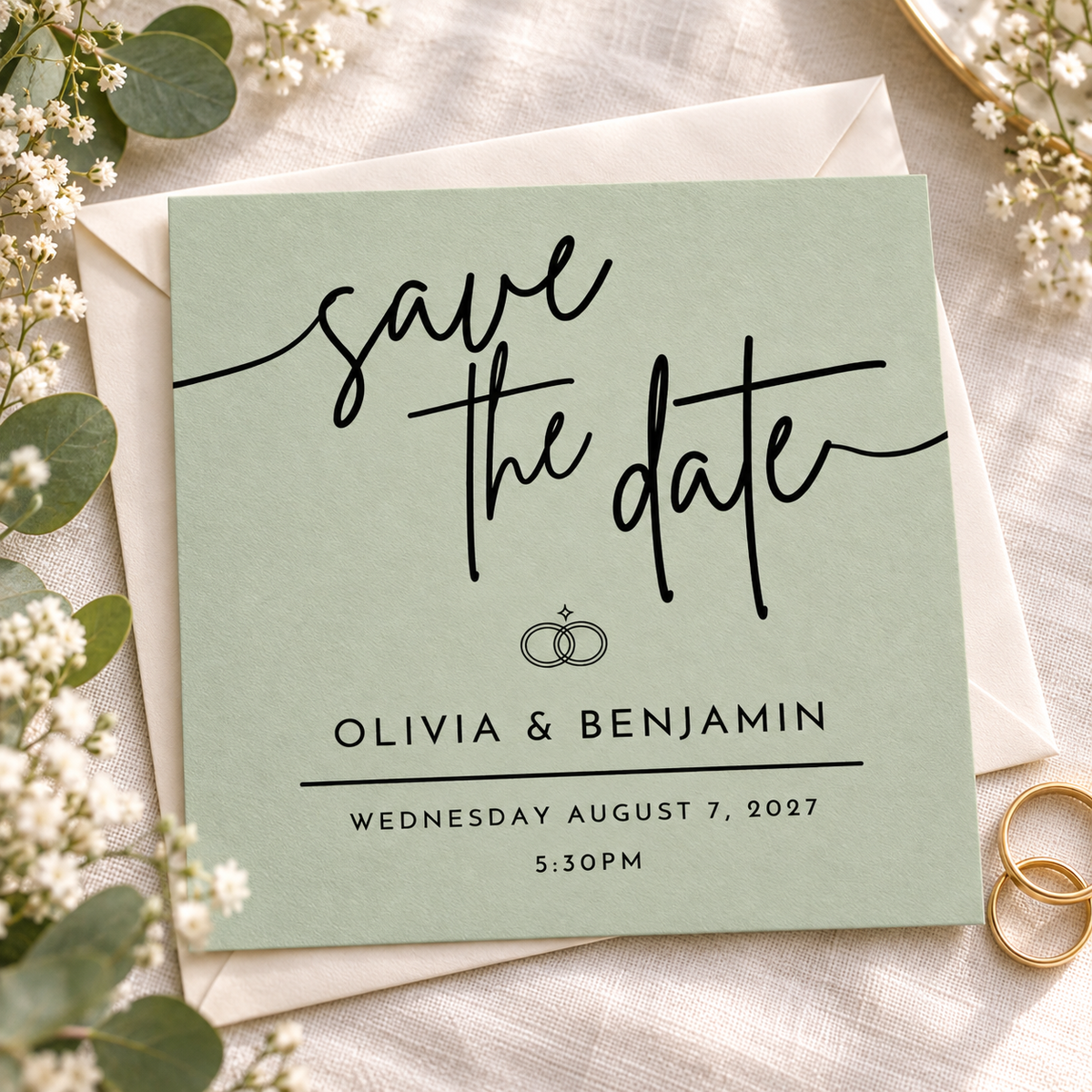 Sage Green Save the Date Template – Editable 5.5x5.5 Square Canva Download