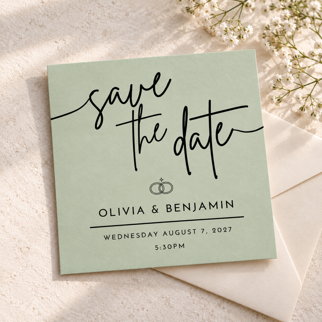 Sage Green Save the Date Template – Editable 5.5x5.5 Square Canva Download