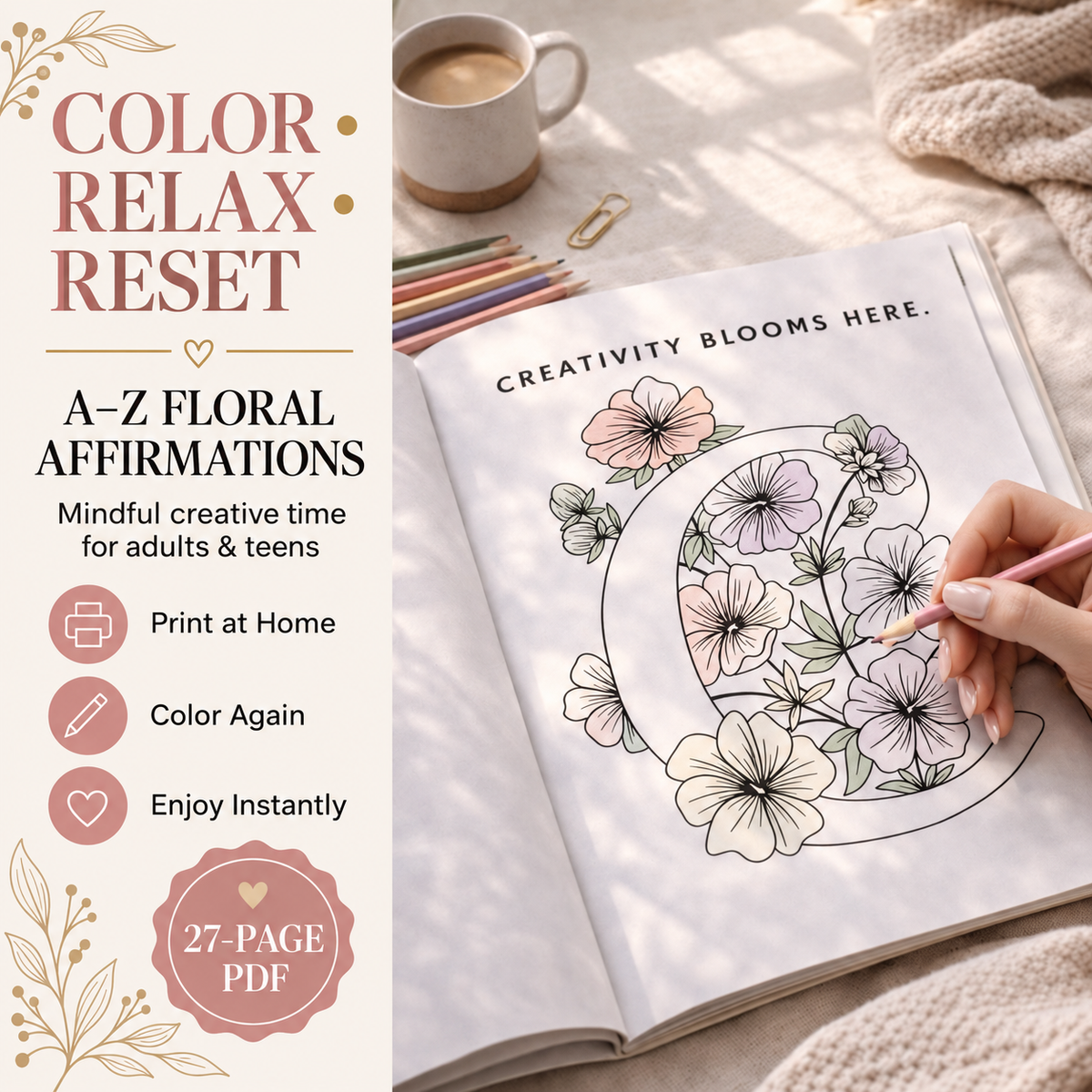 Floral Alphabet Coloring Book Printable – 27 A–Z Affirmation Pages