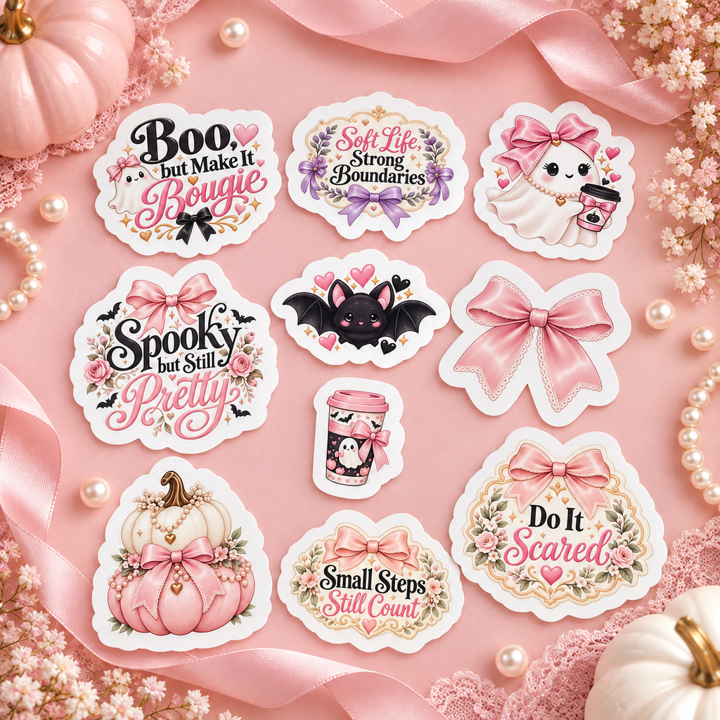 Pink Spooky Halloween Sticker Bundle – 10 Waterproof Die-Cut Stickers | Matte or Glossy