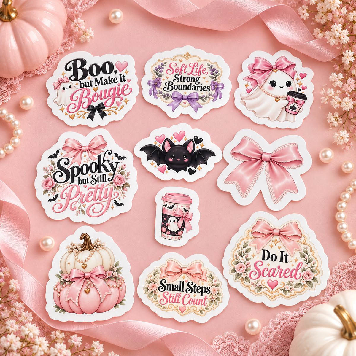 Pink Spooky Halloween Sticker Bundle – 10 Waterproof Die-Cut Stickers | Matte or Glossy