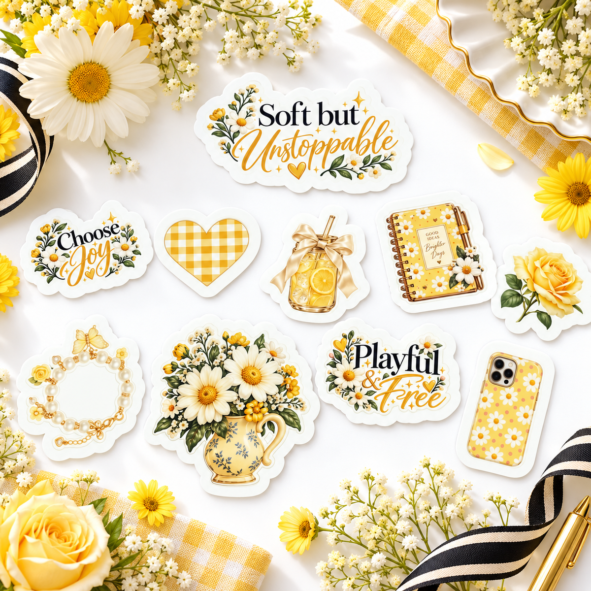 Yellow Aesthetic Sticker Set – 10 Waterproof Floral & Positive Vinyl Stickers