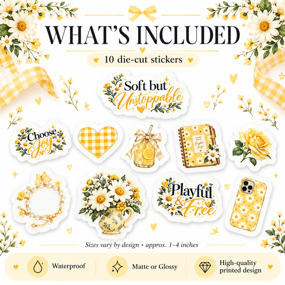 Yellow Aesthetic Sticker Set – 10 Waterproof Floral & Positive Vinyl Stickers