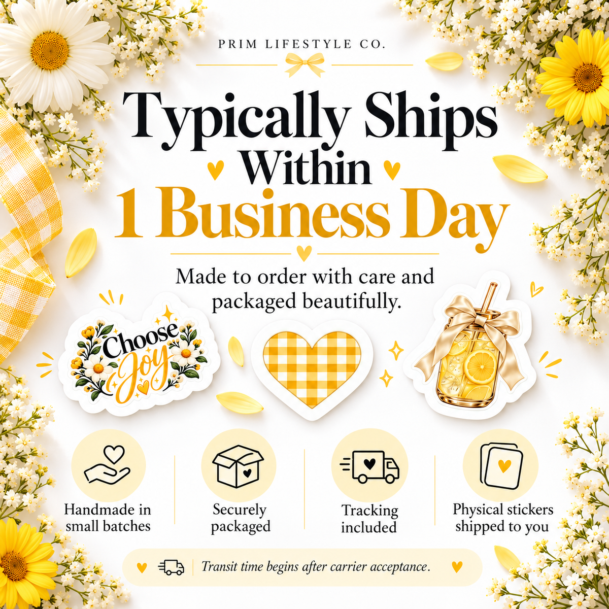 Yellow Aesthetic Sticker Set – 10 Waterproof Floral & Positive Vinyl Stickers