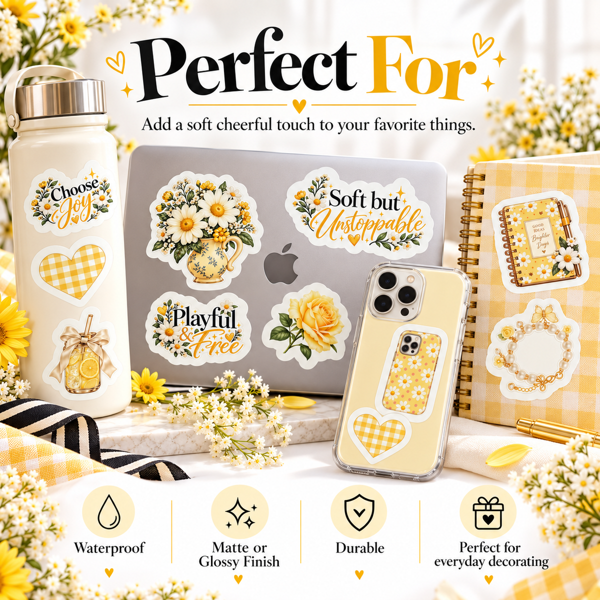 Yellow Aesthetic Sticker Set – 10 Waterproof Floral & Positive Vinyl Stickers