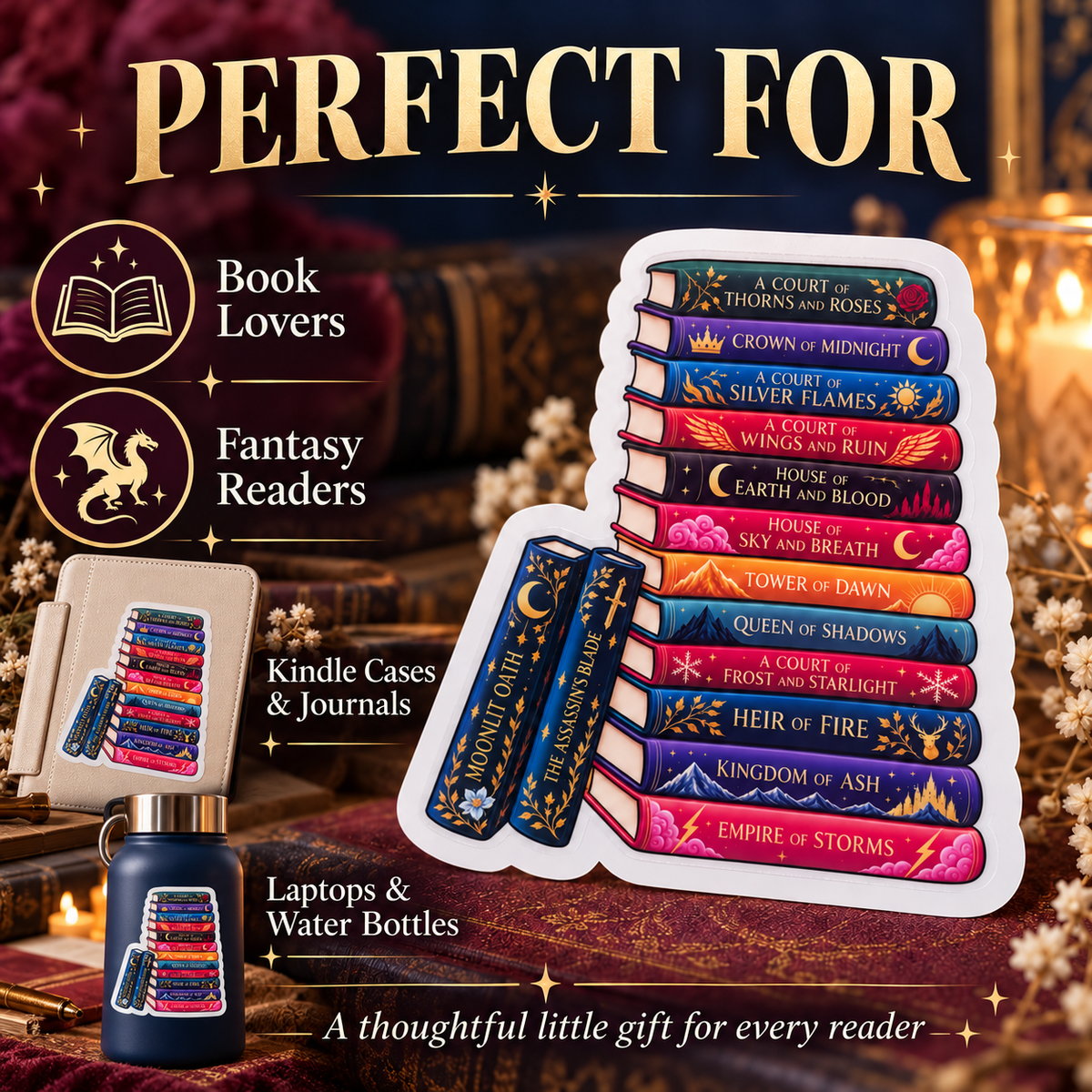 Fantasy Book Stack Sticker | Waterproof Book Lover Decal