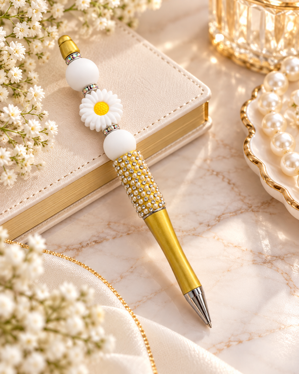 Yellow Daisy Beaded Pen – White Flower Rhinestone Ballpoint Pen