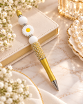 Yellow Daisy Beaded Pen – White Flower Rhinestone Ballpoint Pen