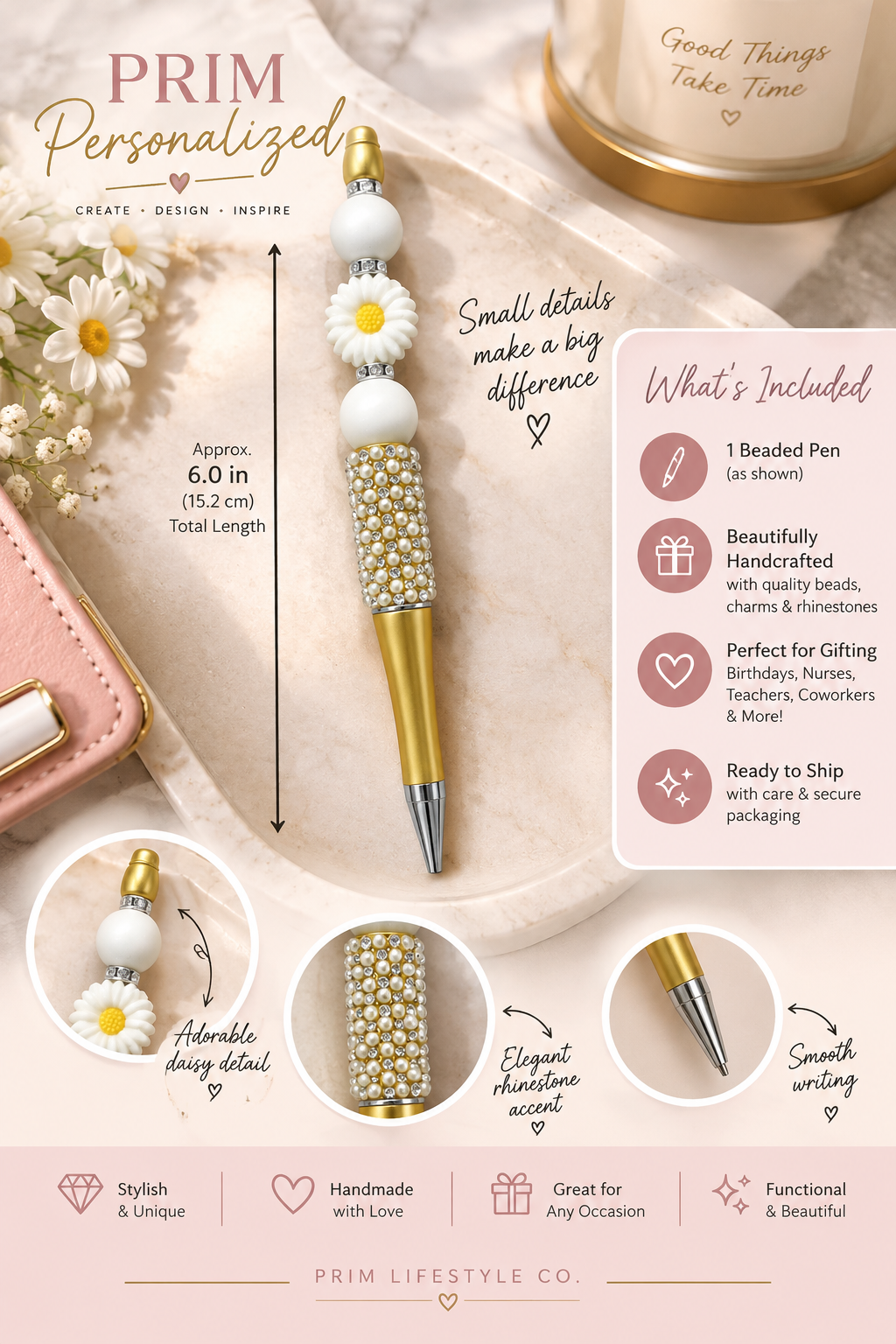 Yellow Daisy Beaded Pen – White Flower Rhinestone Ballpoint Pen